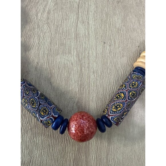 Vintage Murano Venetian Millefiori Beaded Necklace With Red & Blue Accents 16" - Picture 3 of 9